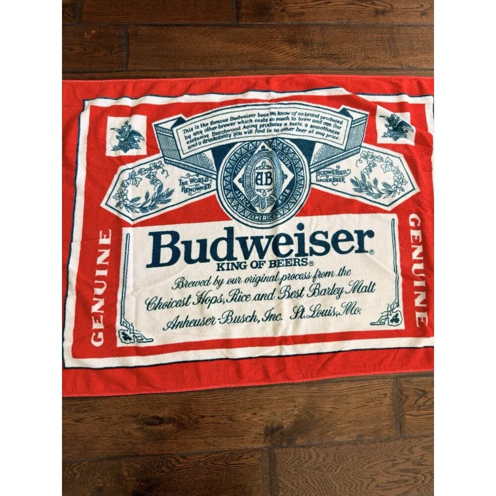 Budweiser Bottle Label Beach Towel R.A. Briggs King of Beers Red Blue VTG 54x29